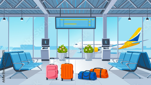 Empty airport waiting lounge with luggage and a view of an airplane on the runway through large windows.