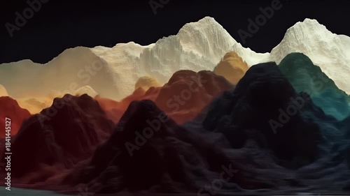 Colorful abstract mountain range landscape with a dark sky background.