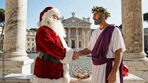 Santa Claus meets historical figures shaking hands ancient Rome ad VFX