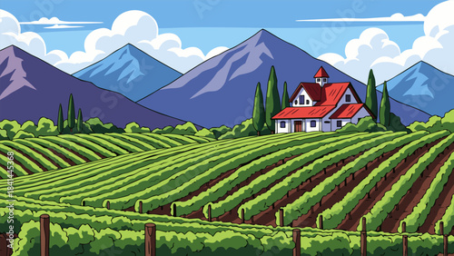 A vibrant vector illustration of a picturesque vineyard landscape with rolling hills, a charming farmhouse, and majestic mountains under a blue sky.
