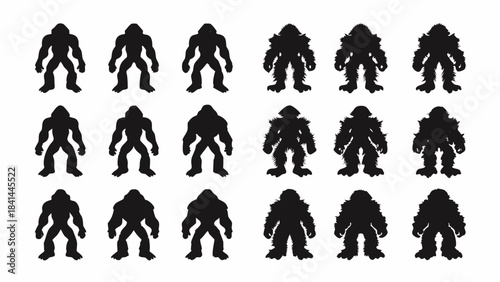 Set of eighteen diverse bigfoot and ape-like creature silhouettes isolated on