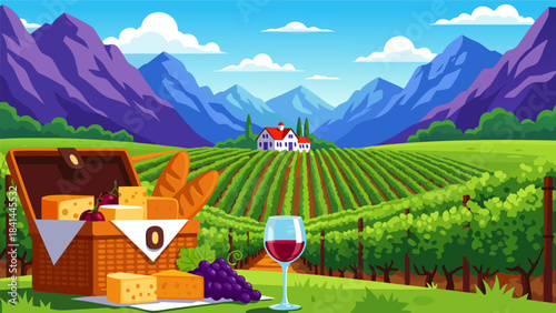 Vibrant cartoon illustration of a picturesque vineyard scene with a picnic basket, wine, cheese, and bread, set against rolling hills and majestic mountains.