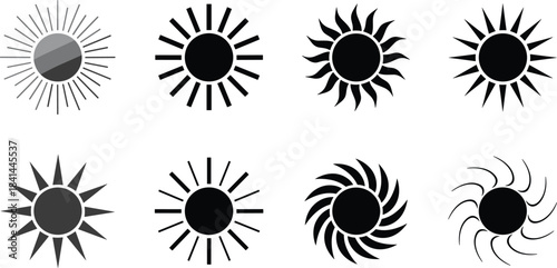 A set of distinct vector sun icons and abstract sunshine symbols representing light, heat, and weather conditions in a clean, isolated black and white design.