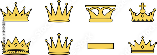 A diverse collection of eight stylized golden crown icons, representing monarchy, luxury, power, and success in a clean, vector-based design for royal themes.