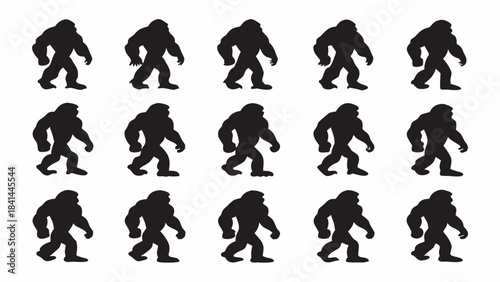 Fifteen black Bigfoot silhouettes in walking poses on a white background