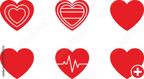 A set of six red heart icons, featuring various designs including solid fill, concentric outlines, a heartbeat EKG line, and a medical plus sign addition, symbolizing love and health.