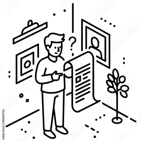 Confused young caucasian male reading notice in gallery setting