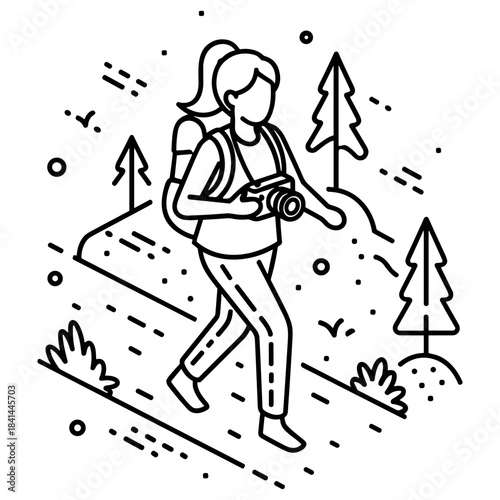 Female hiker with backpack and camera in outdoor forest setting, line art illustration