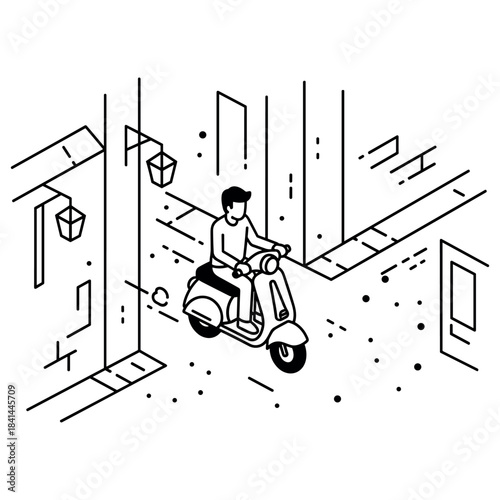 Monochrome illustration of young male riding scooter in urban alley
