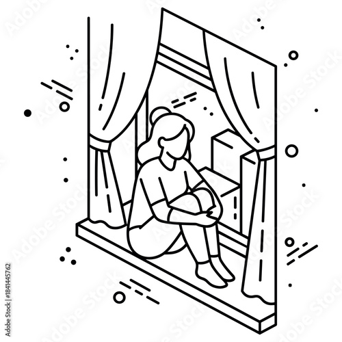 Outline of woman sitting in windowsill with curtains and geometric decor