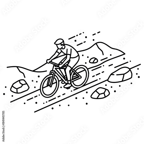 Young male mountain biker riding on rocky terrain trail illustration
