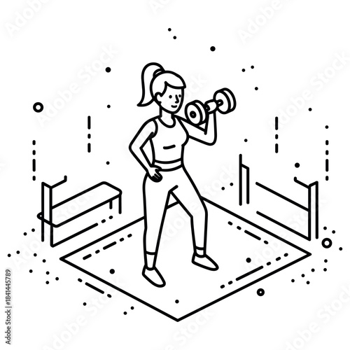 Female character exercising with dumbbell in minimalist gym scene