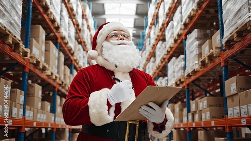 Santa Claus manages warehouse inventory checklist efficient supply VFX