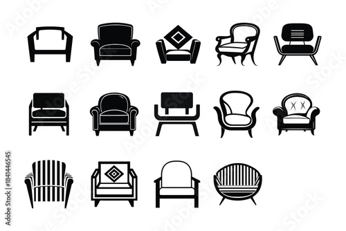 Chair Vector Icons Set. Furniture Illustration Pack. Armchair and Seat Symbols. Modern Chair Line Art Designs.