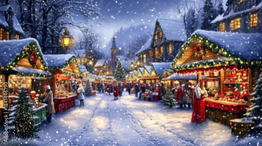 Obraz premium blured backgraund, bustling christmas market scene with snow-covered stalls, colorful lights, and people in festive attire,