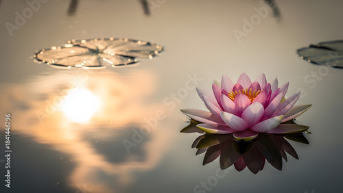 Beautiful pink water lily floating on calm water at sunset reflection