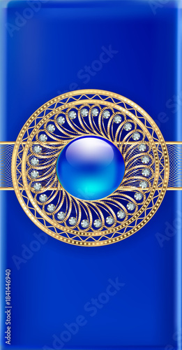 Background wallpaper illustration for phone with golden floral ornament and gems.