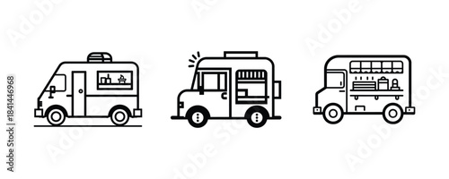 Food Truck Vector Icons Set. Street Food Van Illustrations. Mobile Kitchen Line Art Designs.