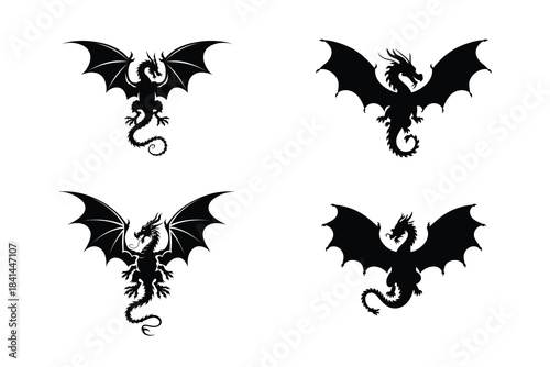 Dragon Silhouette Vector Set. Mythical Creature Illustration Pack. Flying Dragon Designs..