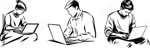 Minimalist Line Art People Working on Laptop. Remote Work and Online Learning Illustration