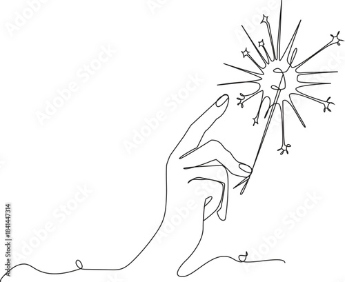 Festive Sparkler One Line Illustration - New Year & Celebration Sketch - hand, sparkler, one line drawing, continuous line, minimalist, vector, illustration, sketch, celebration, firework, art, new ye