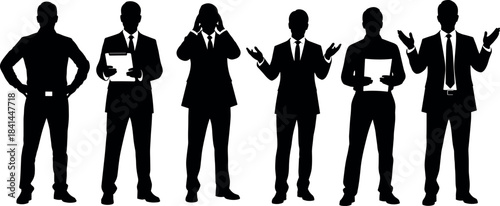 Diverse Businessmen Silhouettes Vector Set, Corporate Professionals in Suit Standing, Talking on Phone, Shrugging, and Holding Documents, Management, Communication, and Stress Graphic Element.