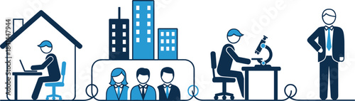Diverse Work Environment and Connectivity Vector Illustration, Remote Worker, Business Team, Laboratory Scientist, and Corporate Professional Connected by a Continuous Line, Job Diversity Graphic.