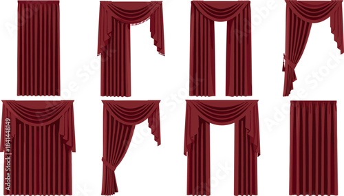 Eight different styles of luxurious red velvet curtains and drapes, including swags, tassels, and tie-backs, elegant vector collection for theater, stage, and home decor designs.