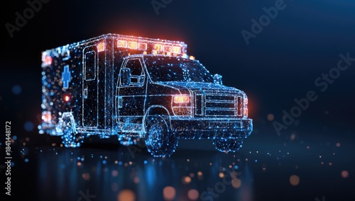 Futuristic digital wireframe ambulance with glowing lights on dark background