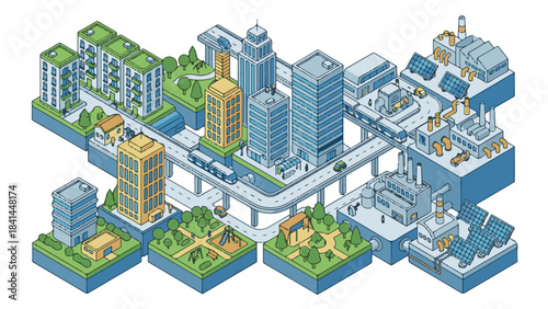 Detailed isometric illustration of a sustainable urban environment