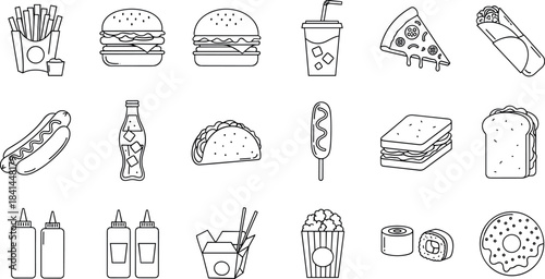 Fast Food and Takeaway Meals Vector Thin Line Icons Set, Snacks, Burger, French Fries, Pizza, Hot Dog, Sandwich, Sushi, and Drink Symbols, Outline Graphic for Menu Design and Delivery App.