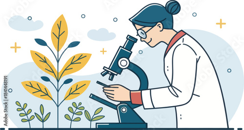 Biologist Examining Plant Life With Microscope Icon