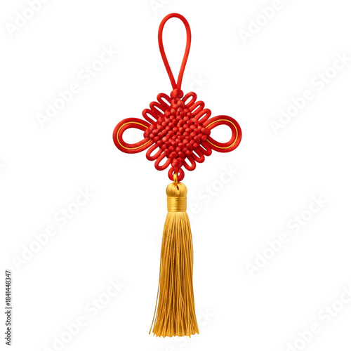 Vibrant red Chinese knot ornament with golden tassel symbolizing luck and prosperity
