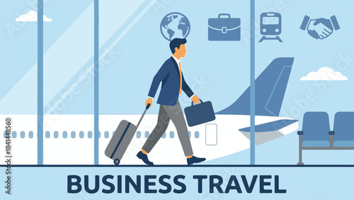 Businessman walking in airport with luggage, a concept of global business travel