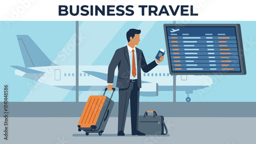 Business traveler at airport with luggage and passport, viewing flight board