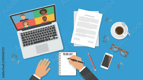 Flat lay of remote workspace with video call, to-do list, and essential office items