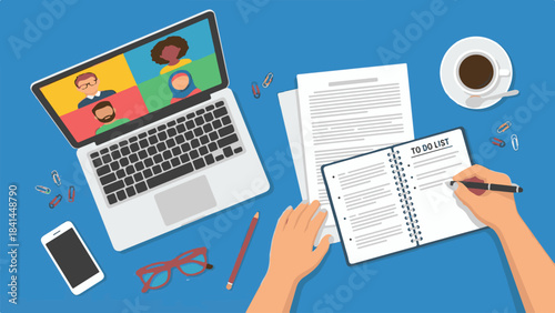 Modern workspace with online video meeting, to-do list, and productivity tools