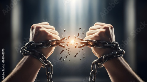 Breaking chains symbolizing freedom and liberation from bondage with dramatic light