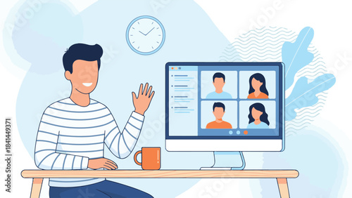 Online video conference from home office with man waving to team