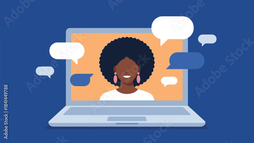 Online communication concept with woman on laptop screen and speech bubbles