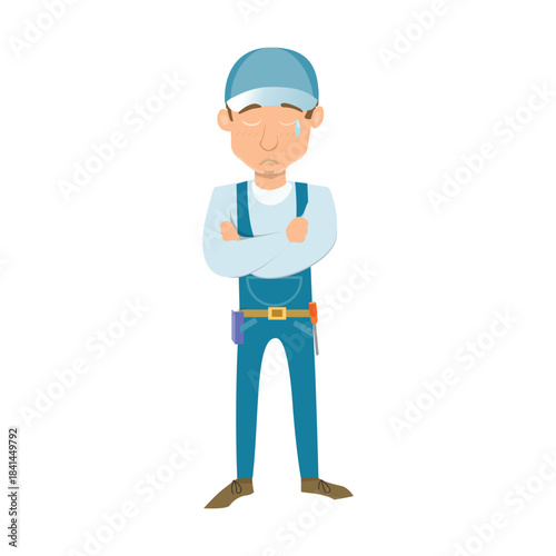 Sad handyman standing with arms crossed, looking disappointed. Concept of failure or waiting