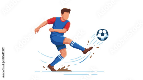 Soccer player kicking a football with splashes, dynamic action illustration