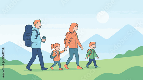 Happy family hiking together in a scenic mountain landscape