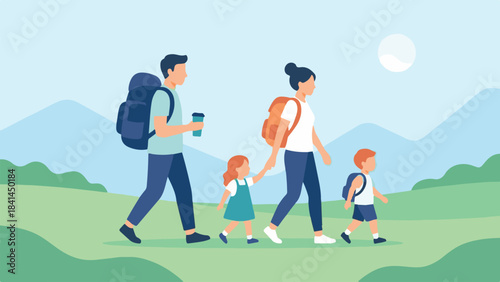 Family with two children hiking together in a minimalist landscape
