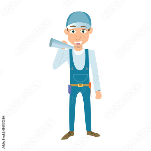 Handyman shouting into a megaphone to make an announcement