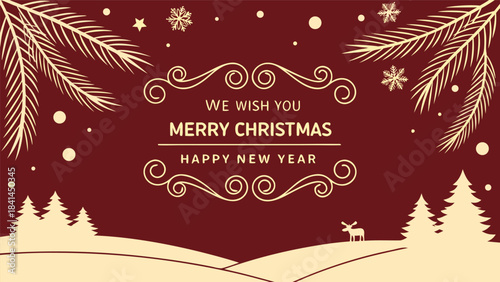 Gold Christmas and New Year Typographical on red Xmas background with winter landscape with snowflakes. Happy Holidays printable banner, card, vector with Christmas snowflake card, winter, clipart, 