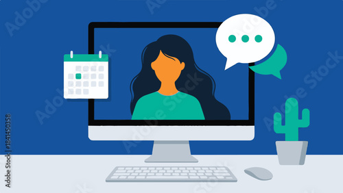 Virtual Meeting and Online Communication Concept with Woman and Calendar