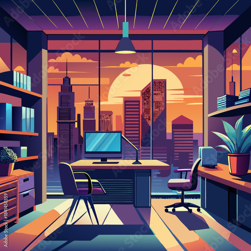 Office with a view of sunset over the city skyline during evening hours Generative AI