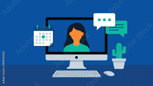 Virtual communication and scheduling concept with a person on a computer screen