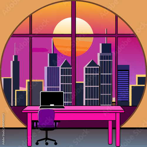 Bright sunset over city skyline seen from modern workspace with computer Generative AI